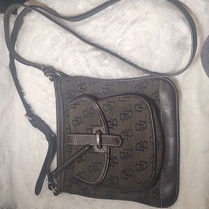 Dooney & Bourke Brown Signature Fabric Cross Body Bag With Brown Leather Trim